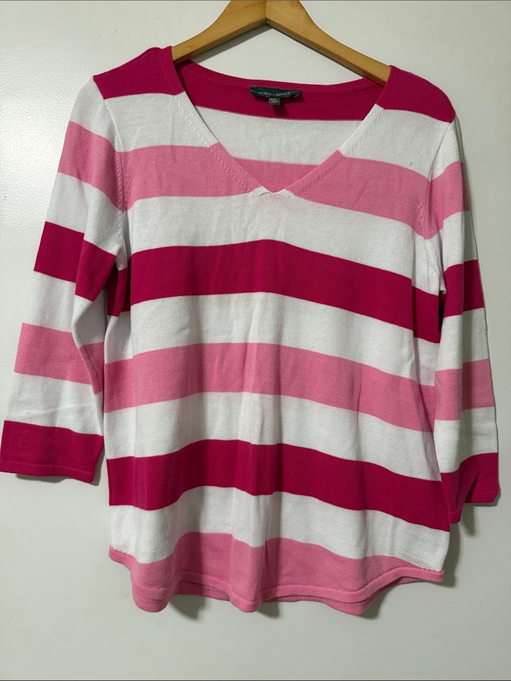 Three-Quarter Sleeve V-Neck Stripe Knit Top - Liz Claiborne - Pink & White
